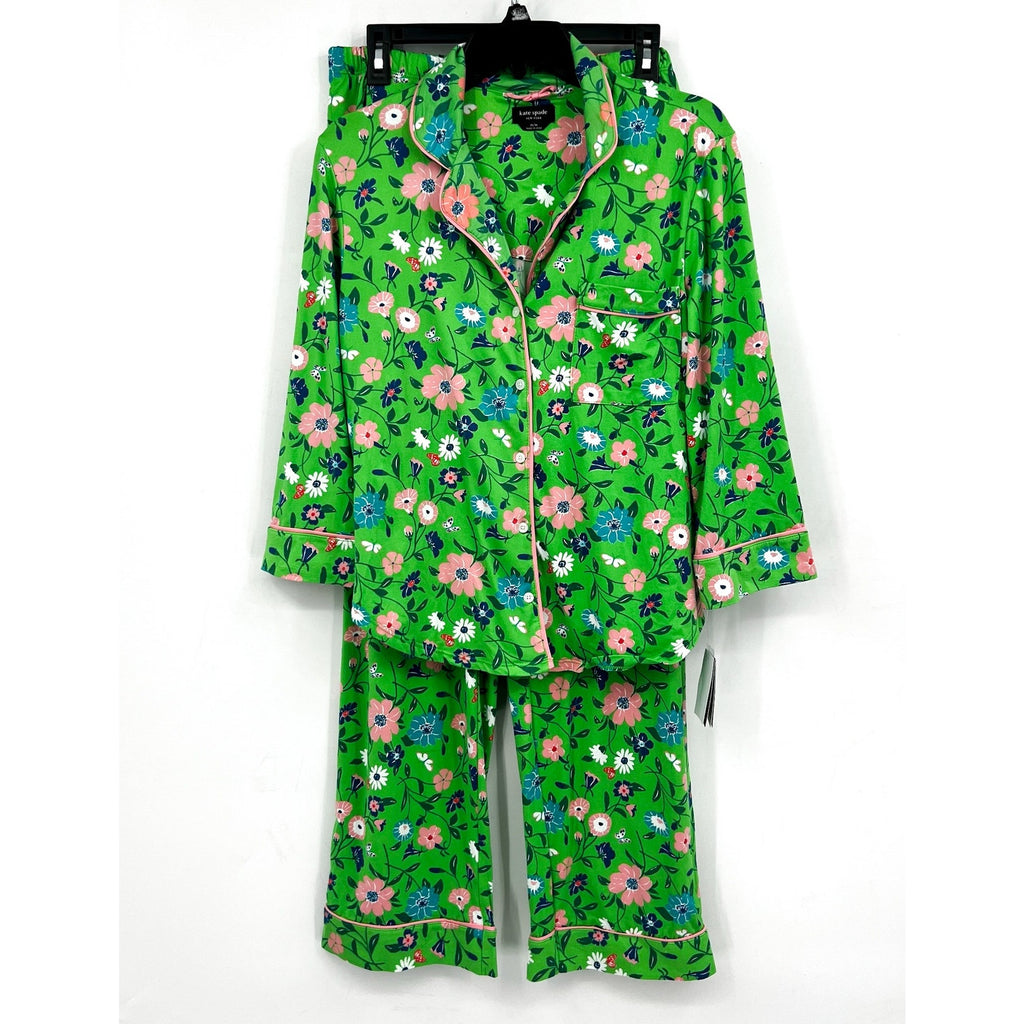Kate Spade Womens Long Pajama Set Medium Green Floral Garden NWT