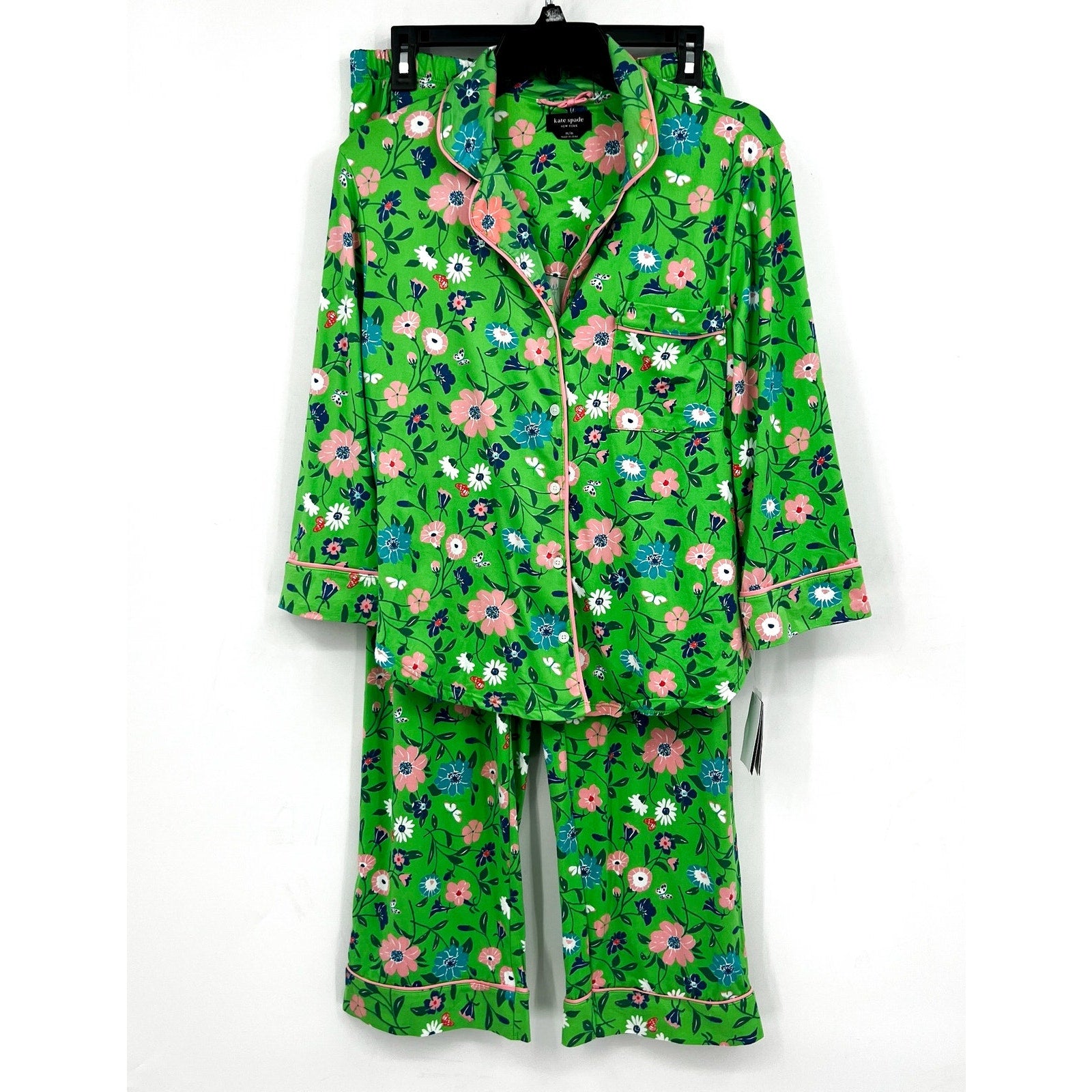 Kate Spade Womens Long Pajama Set Medium Green Floral Garden NWT