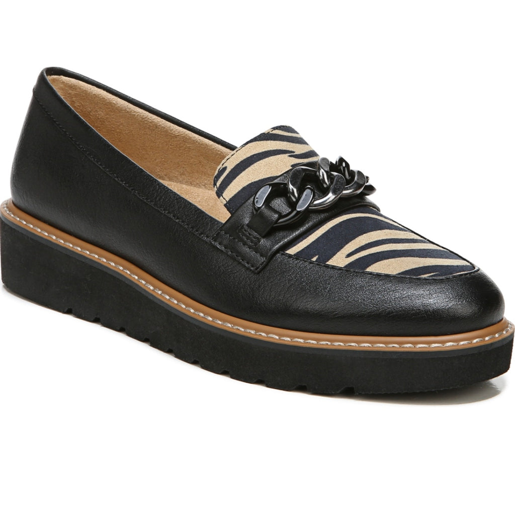 Naturalizer Womens Emmal Wedge Loafers Size 8.5 WIDE EU 38.5 Black Zebra NIB
