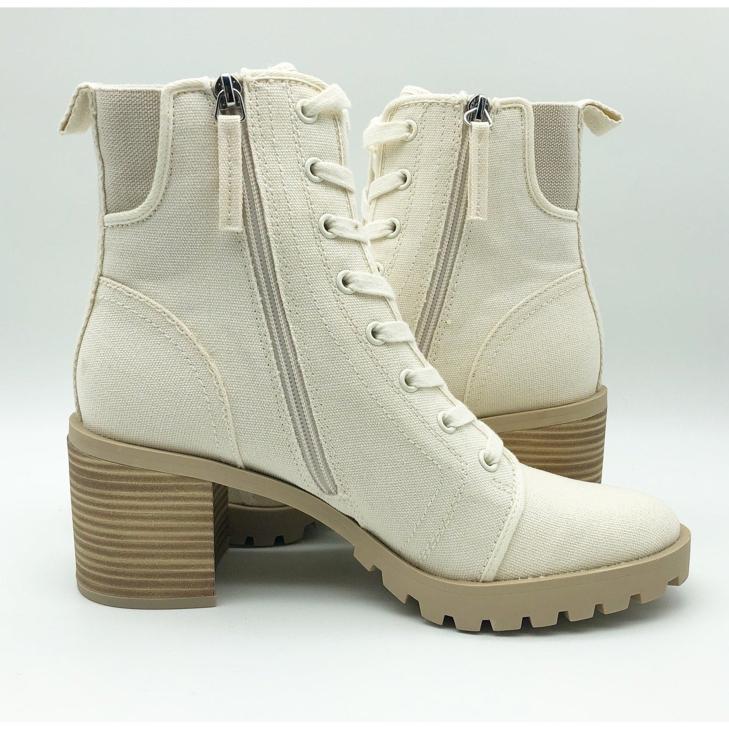 Dolce Vita Womens Canvas Combat Boots Size 11 Off White Stacked Heel NWOB