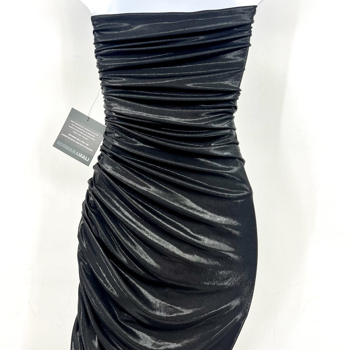 NORMA KAMALI Diana Strapless Midi Dress XS 34 Black Metallic Ruched Stretch NWT