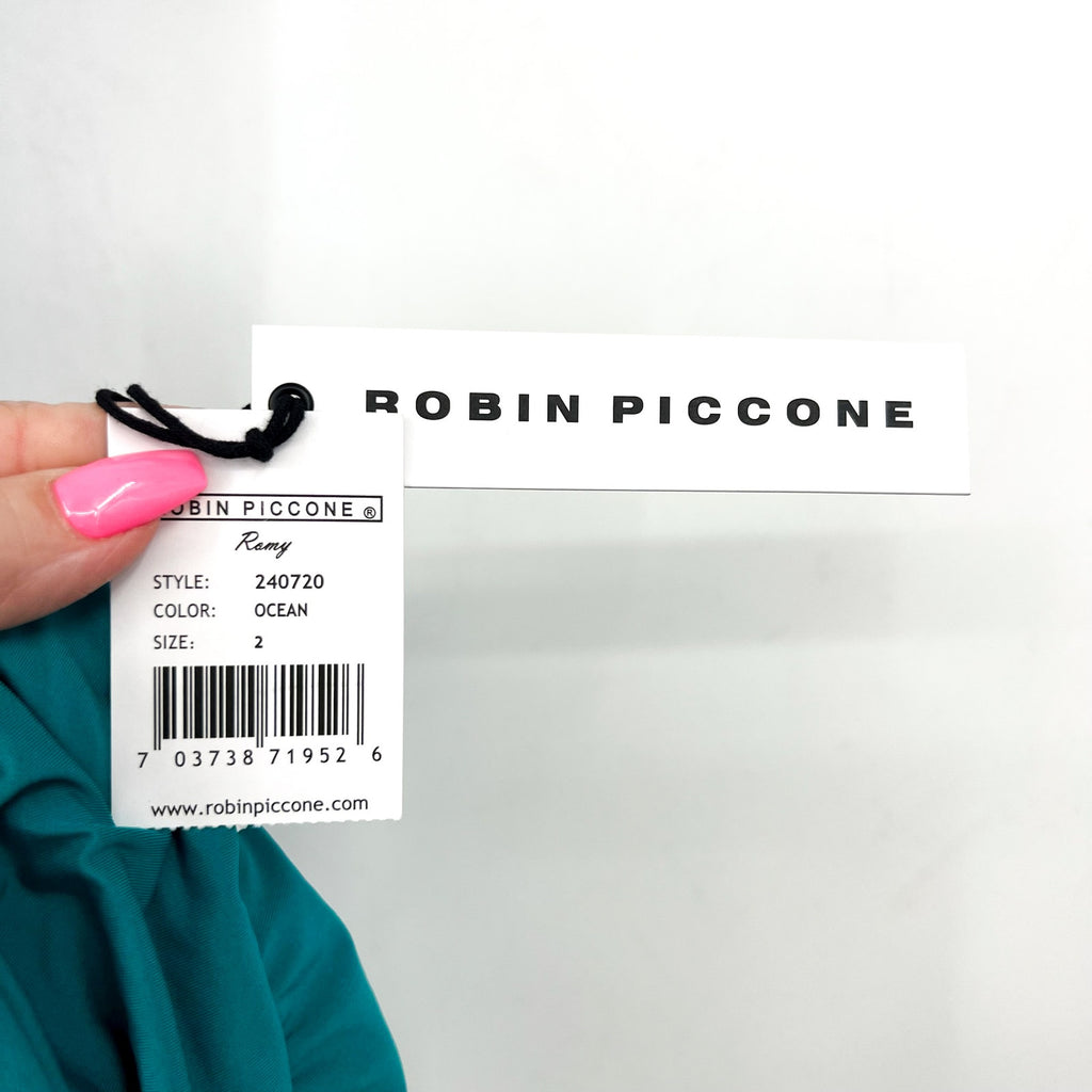 ROBIN PICCONE Women's Romy V-Plunge One-Piece Swimsuit Size 2 Green Ocean NWT
