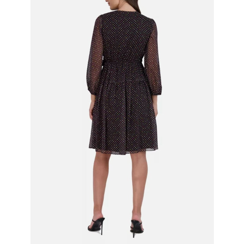 SIGNATURE BY ROBBIE BEE Faux Wrap Dress 10 Black Multi Polka Dot 3/4 Sleeve NWT