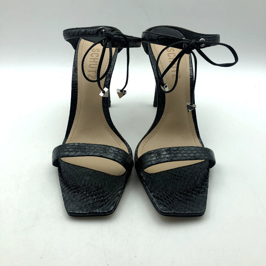 SCHUTZ Womens Mavis Heel Sandals Size 5 B Black Snake Shine Leather NIB