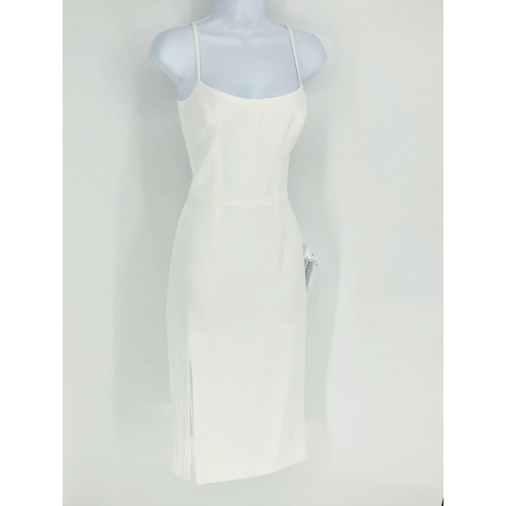 DRESS THE POPULATION Rory Midi Sheath Dress XS Off White Fringe Hem NWT