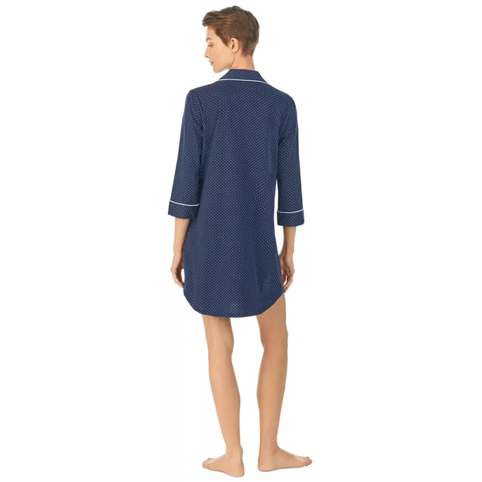 LAUREN RALPH LAUREN Womens Cotton Sleep Shirt Medium Navy Blue White Dot NWT