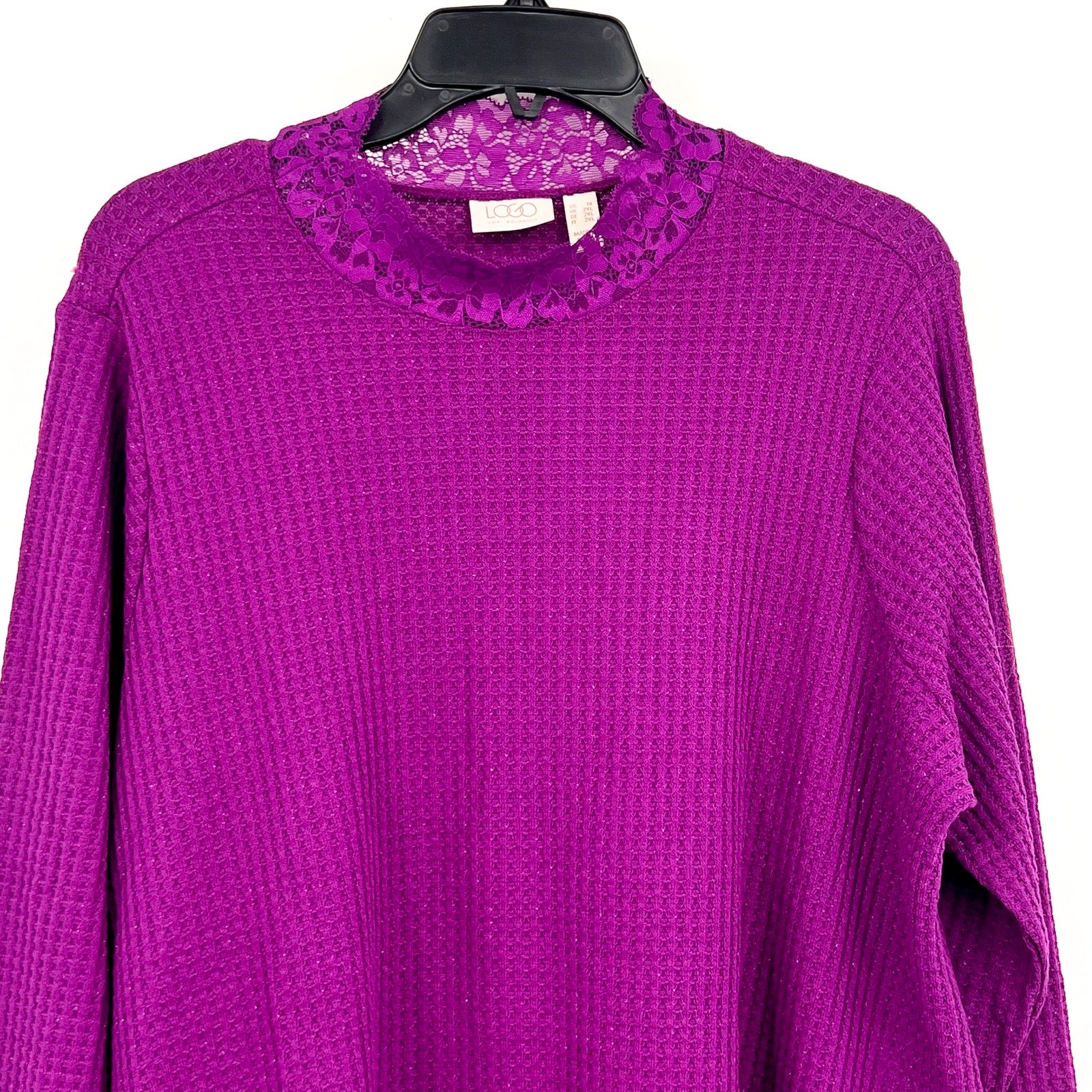 LOGO LORI GOLDSTEIN Metallic Waffle Knit Top 1X Purple Long Sleeve NWOT