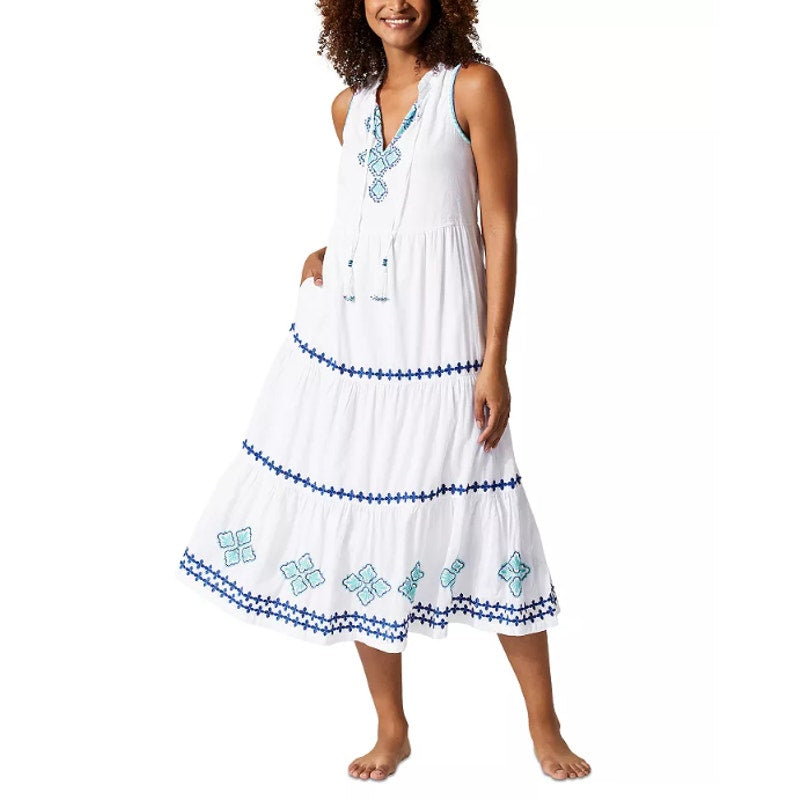 TOMMY BAHAMA Shell Beach Tiered Maxi Dress Small White Embroidered Cover-Up NWT
