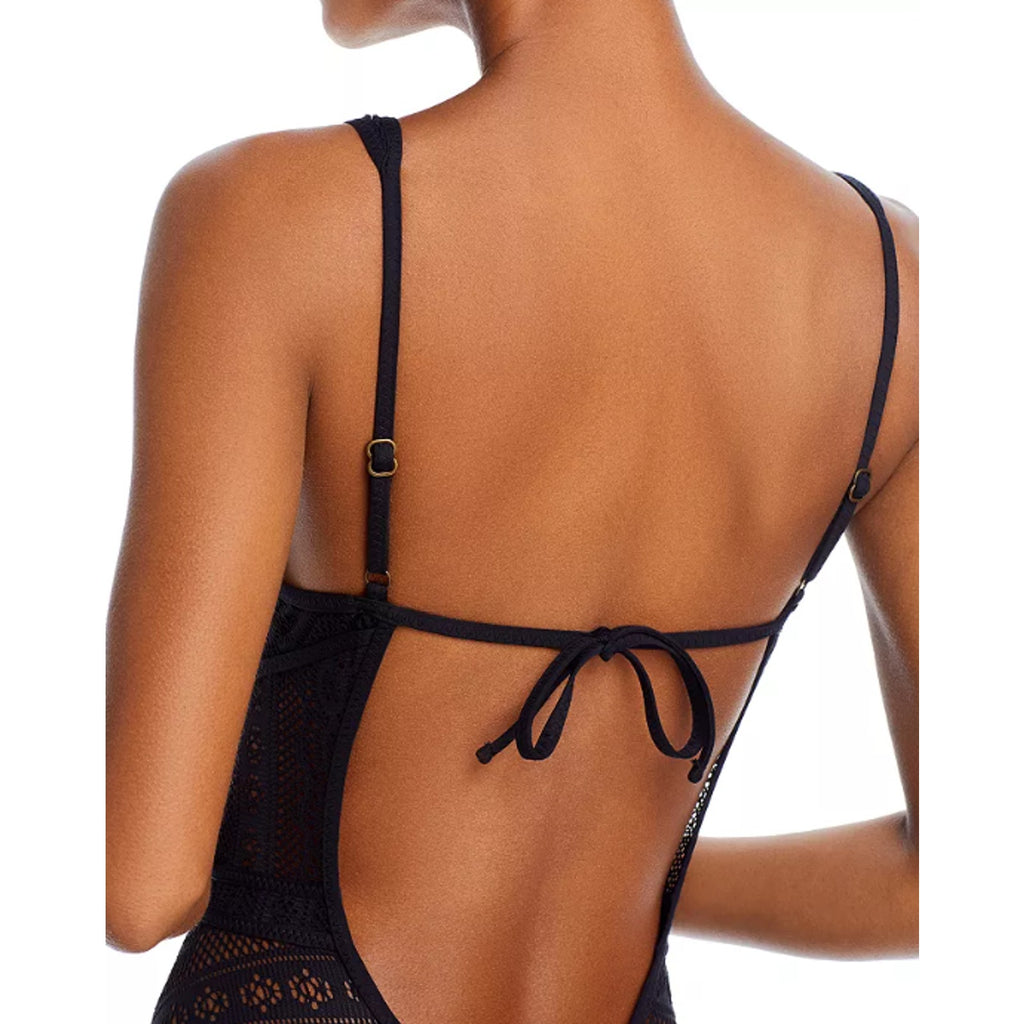 BECCA Womens Color Play Crochet Plunge One Piece Swimsuit Large Black NWT