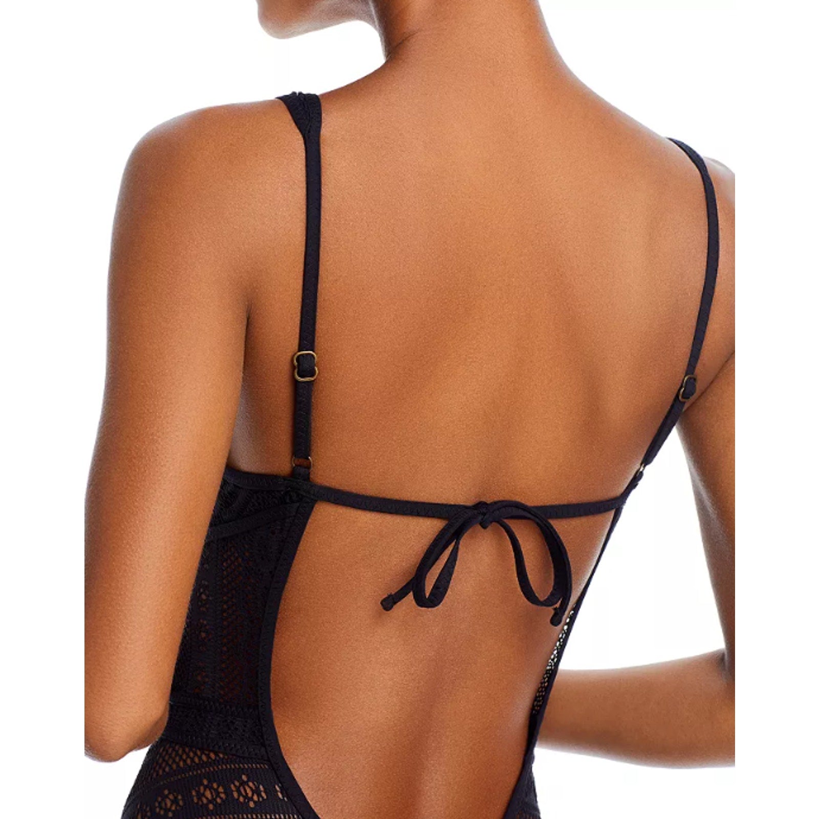 BECCA Womens Color Play Crochet Plunge One Piece Swimsuit Large Black NWT