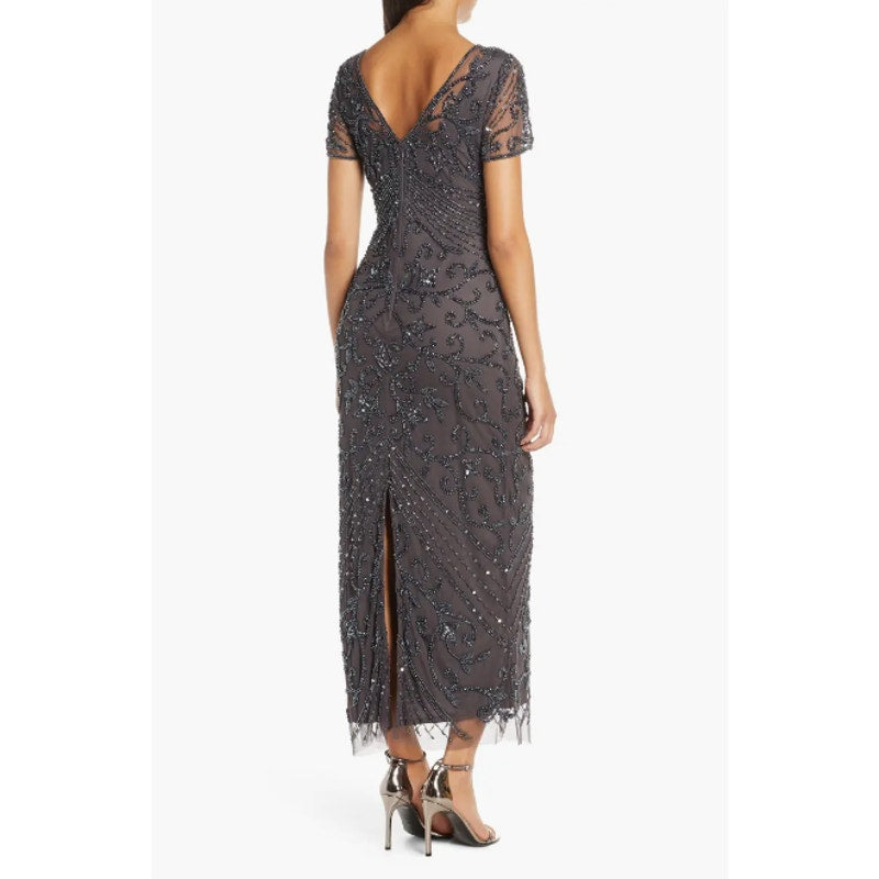 PISARRO NIGHTS Women's Beaded Mesh Column Gown Size 12 Gray Short Sleeve NWT