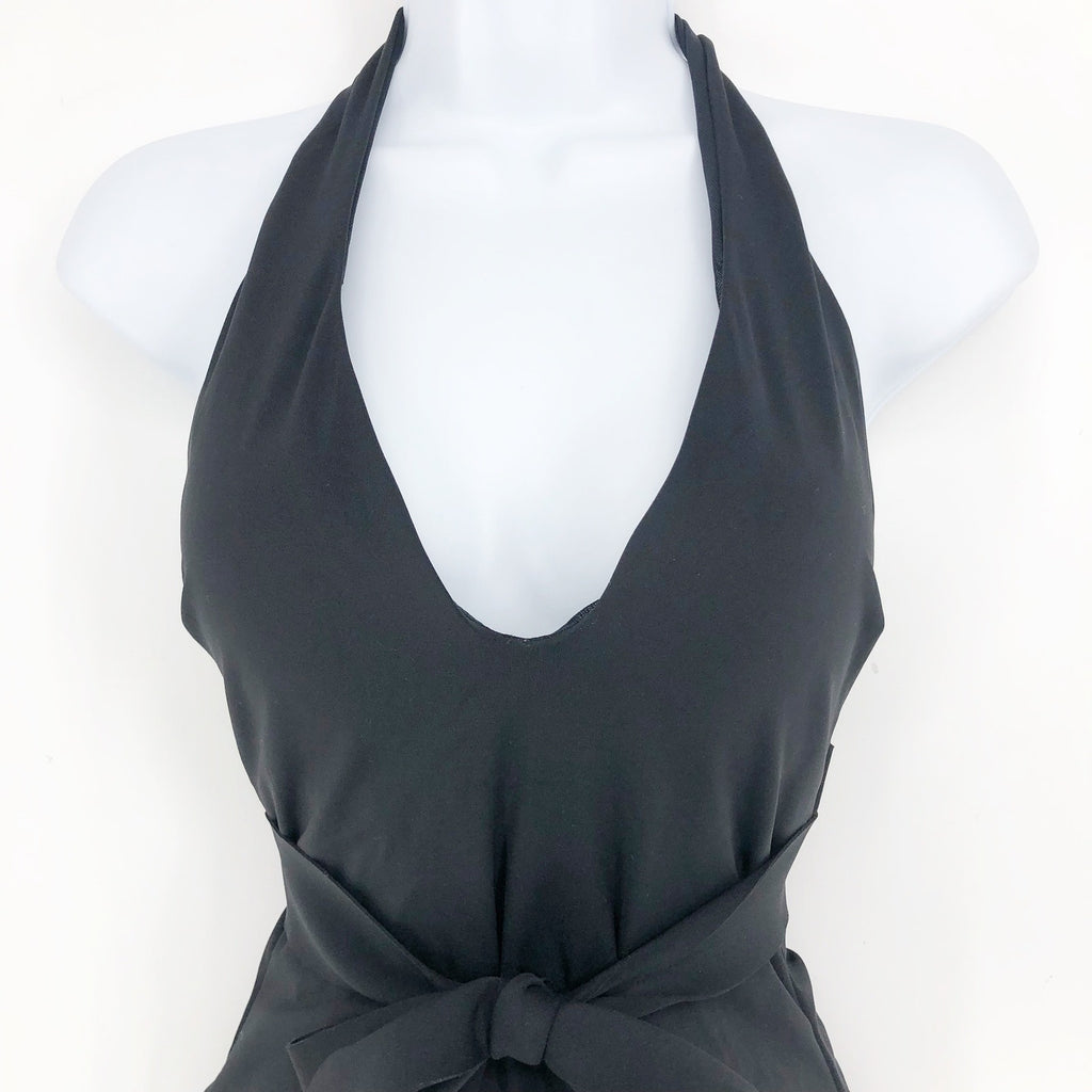 SEA LEVEL Dark Romance Bonded Belt Plunge One Piece Swimsuit Black 10 Halter Bow