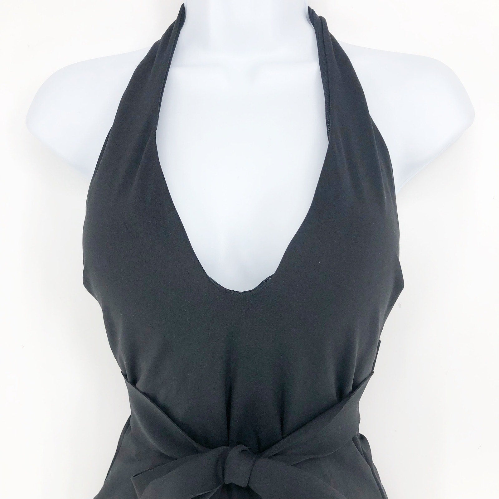 SEA LEVEL Dark Romance Bonded Belt Plunge One Piece Swimsuit Black 10 Halter Bow