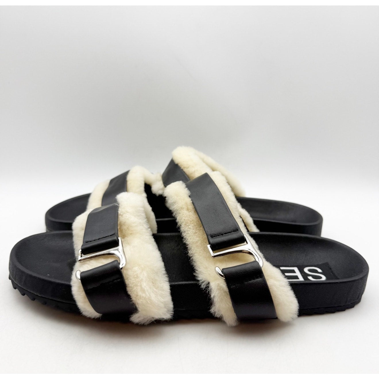 Senso Womens Dalley Slide Sandals EU 41 US 11 M Black Leather Shearling NWOB