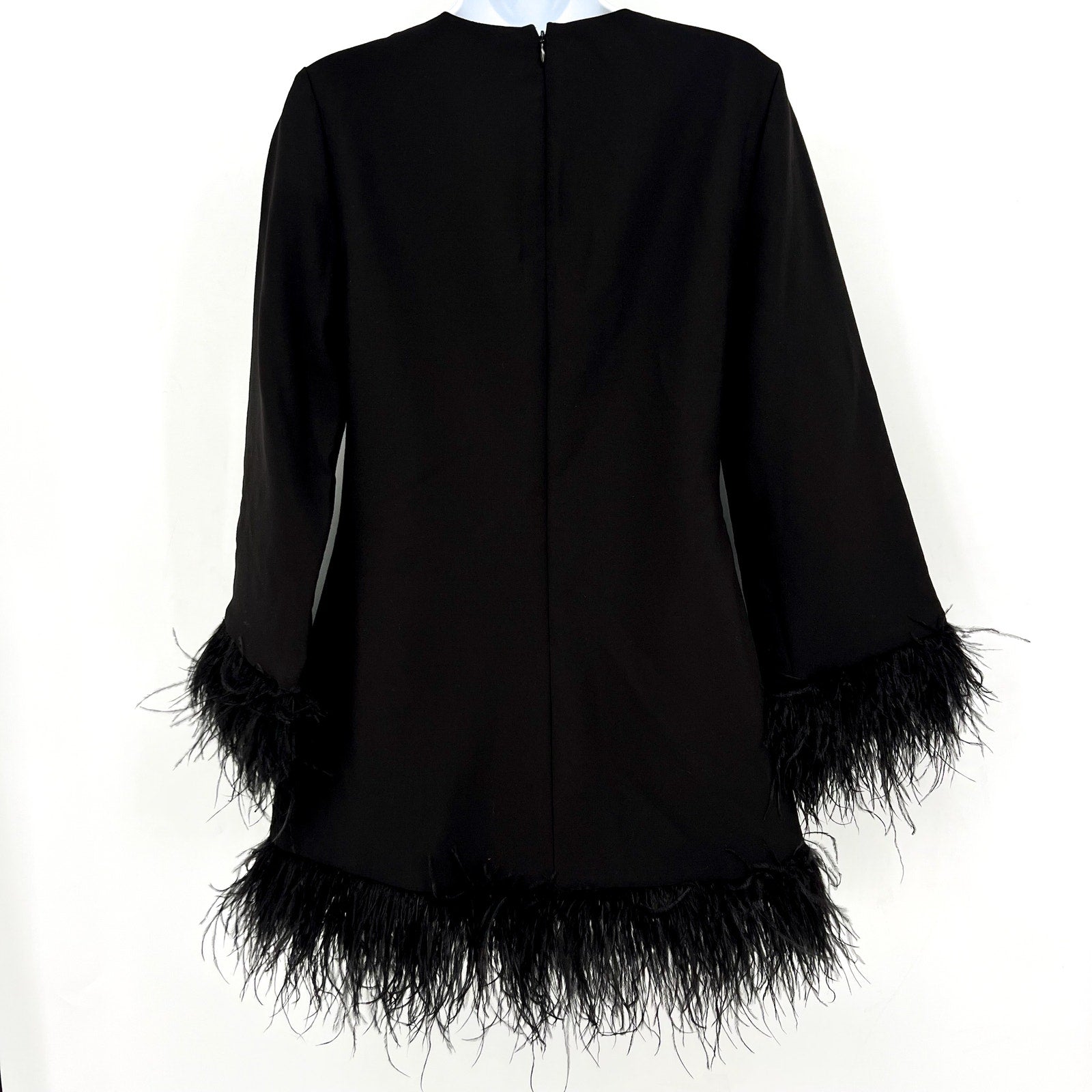 LIKELY Women Marullo Feather Trim Mini Dress Size 4 Black Long Sleeve Shift NWT