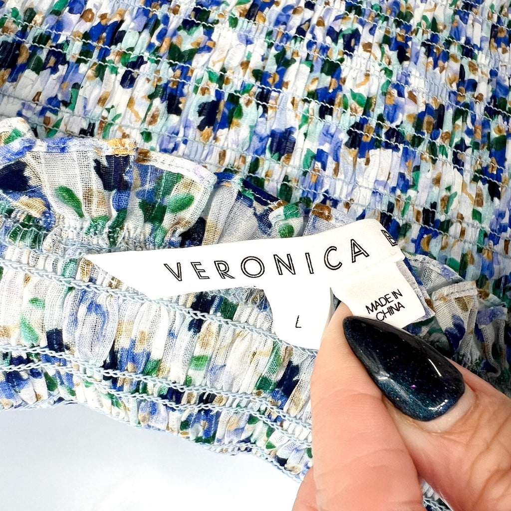 VERONICA BEARD Averie Smocked Tank Top Large Blue Cobalt Floral Print NWOT
