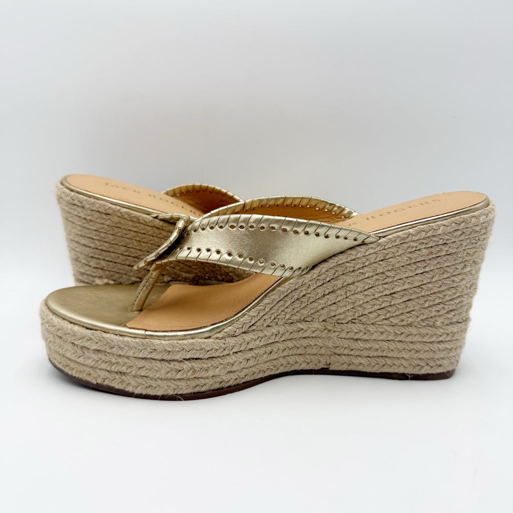 Jack Rogers Womens Rowan Espadrille Sandals Size 8.5 Platinum Gold Leather NWOB
