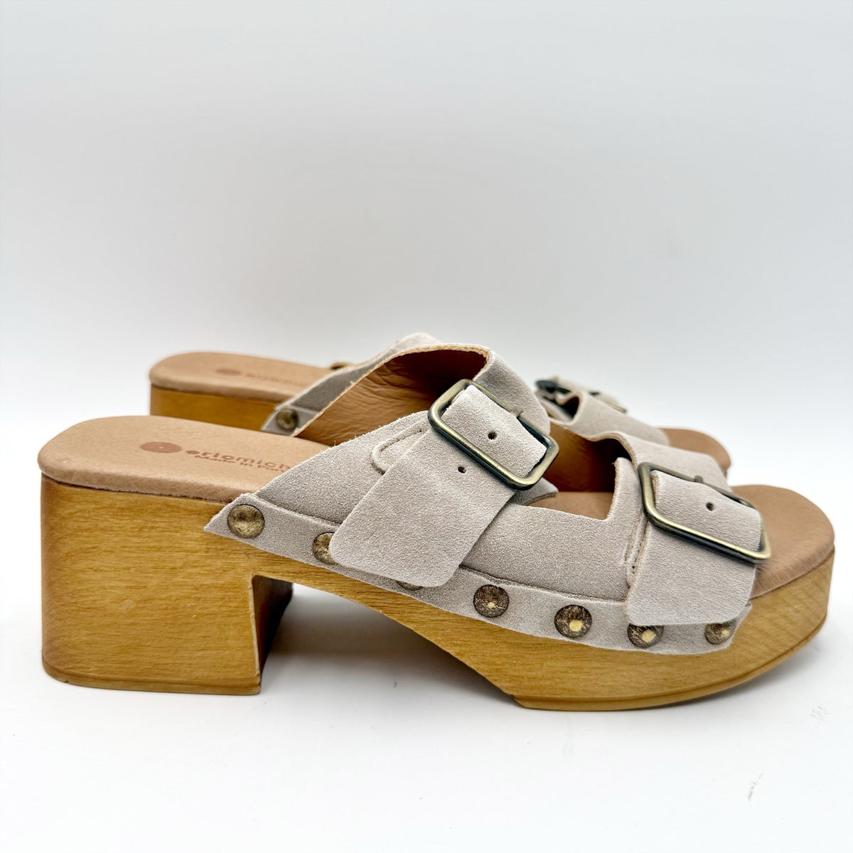 Eric Michael Womens Austin Clogs Sandals EU 38 US 7-7.5 Beige Grey Suede NWOB