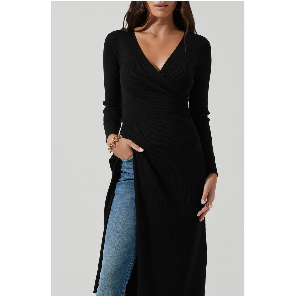 ASTR The Label Cross Front Slit Long Sweater Dress Large Black Knit VNeck NWT
