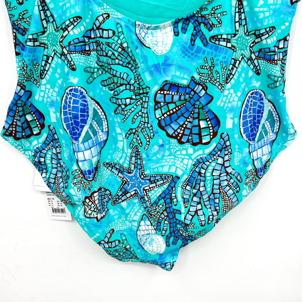 SEAFOLLY La Mer Cross Back One Piece Swimsuit Size 14 Aquatic Blue Print NWT