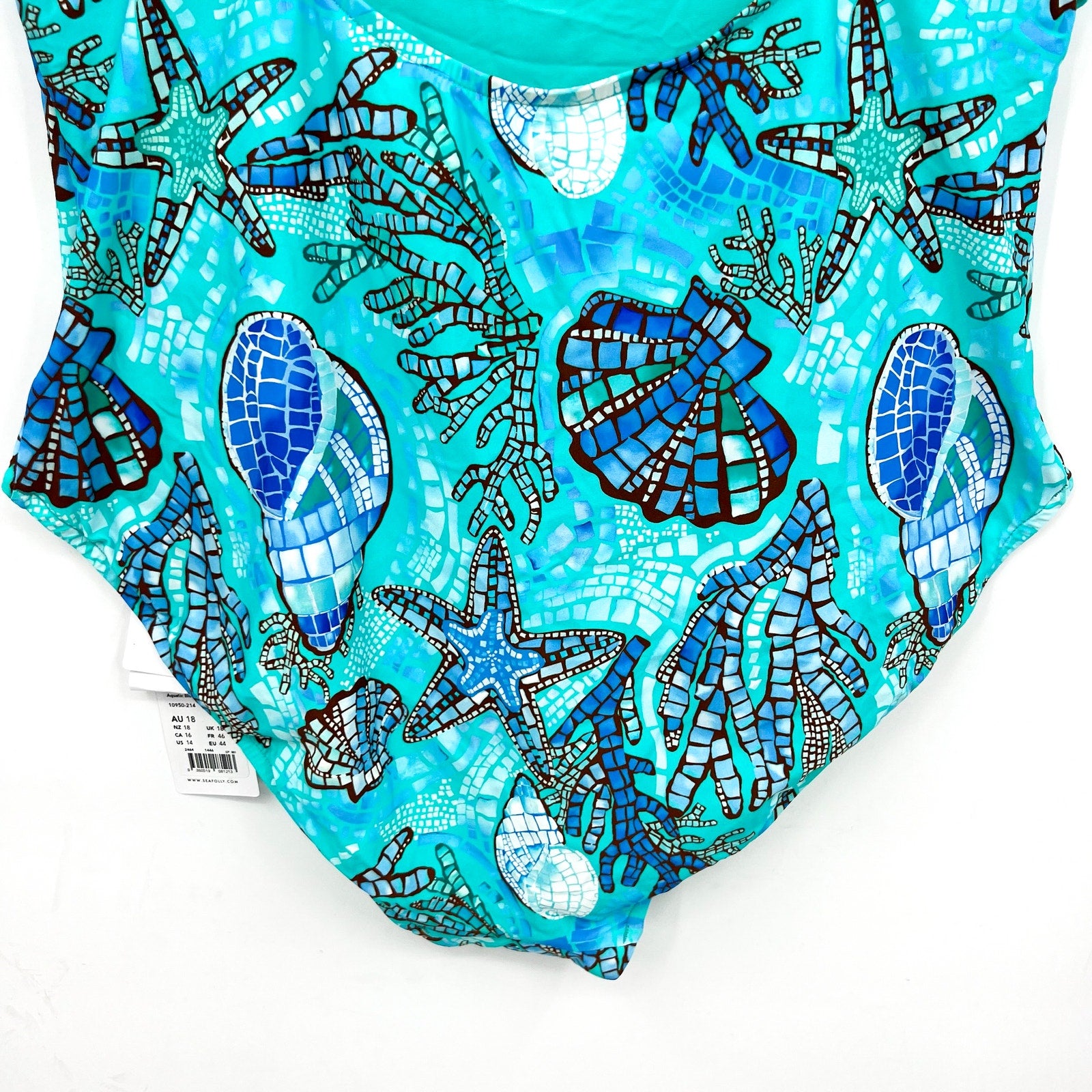 SEAFOLLY La Mer Cross Back One Piece Swimsuit Size 14 Aquatic Blue Print NWT
