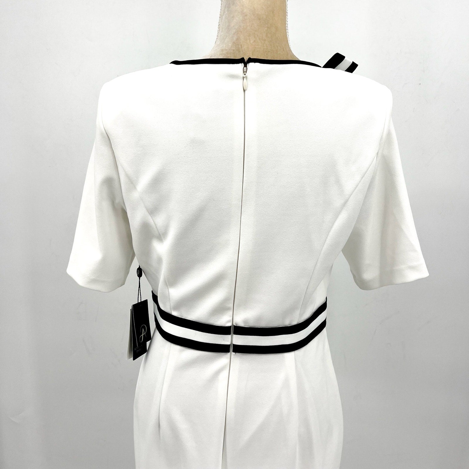 ADRIANNA PAPELL Women's Crepe Ribbon Dress Size 10 Ivory Black Knee Length NWT