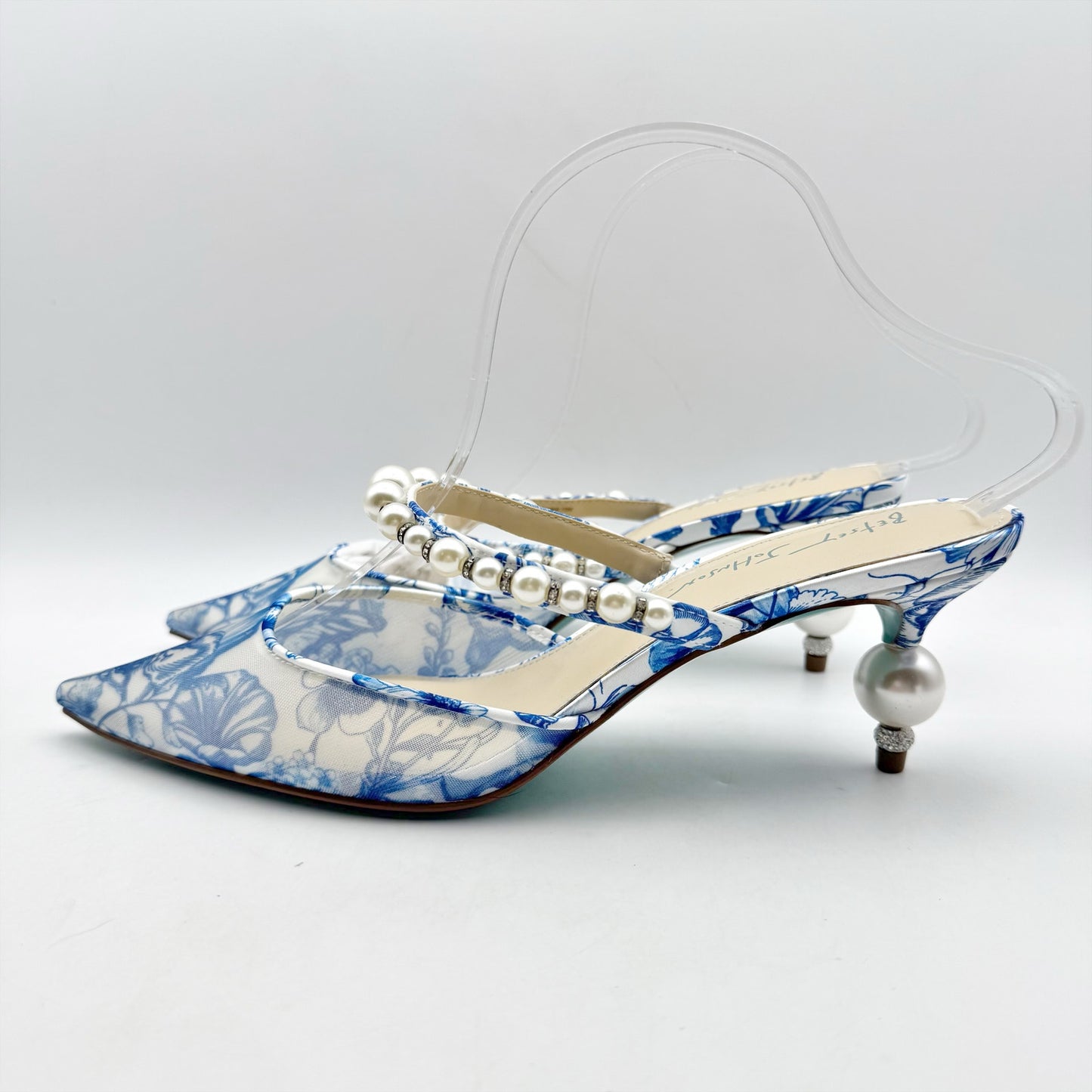 Betsey Johnson Womens Zane Mule Heels US 10 Blue Off White Mesh Fabric NIB