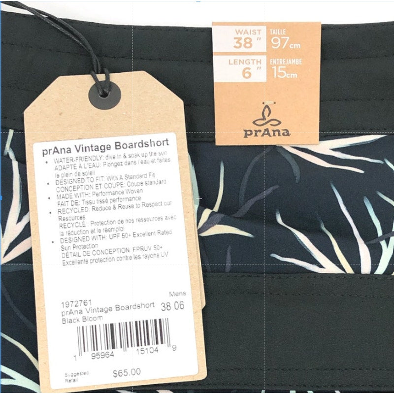 PRANA Men's Vintage Boardshort XL 38 Black Bloom 6" Inseam Drawstring NWT