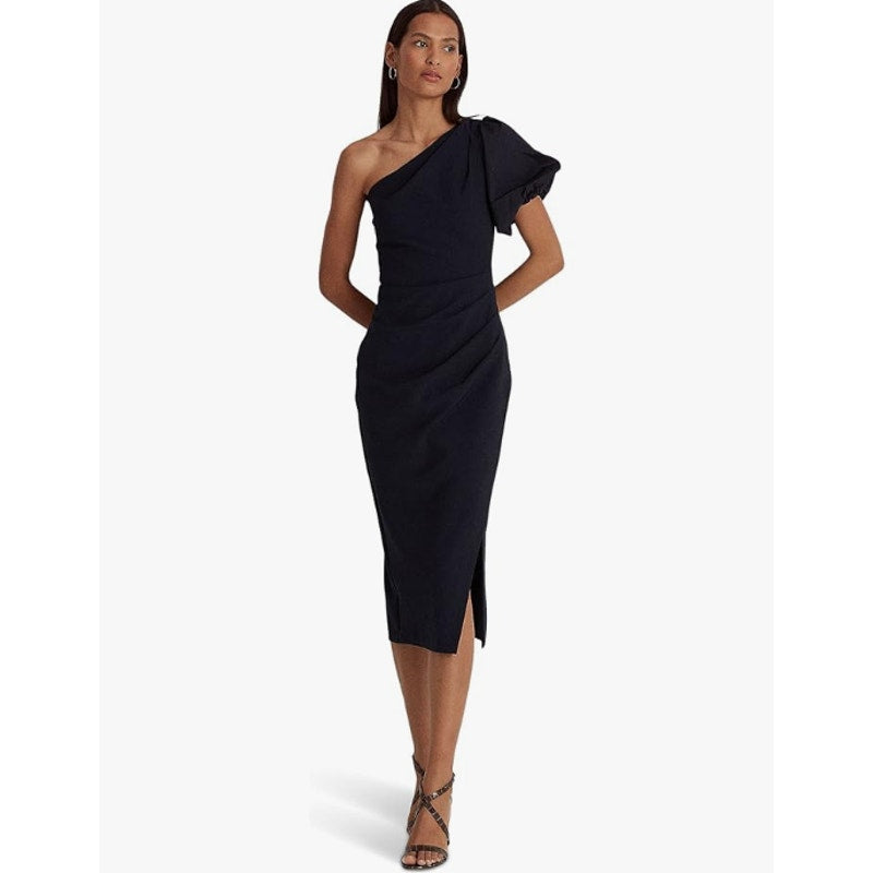 LAUREN RALPH LAUREN One-Shoulder Crepe Cocktail Dress Size 12 Navy Blue Midi NWT