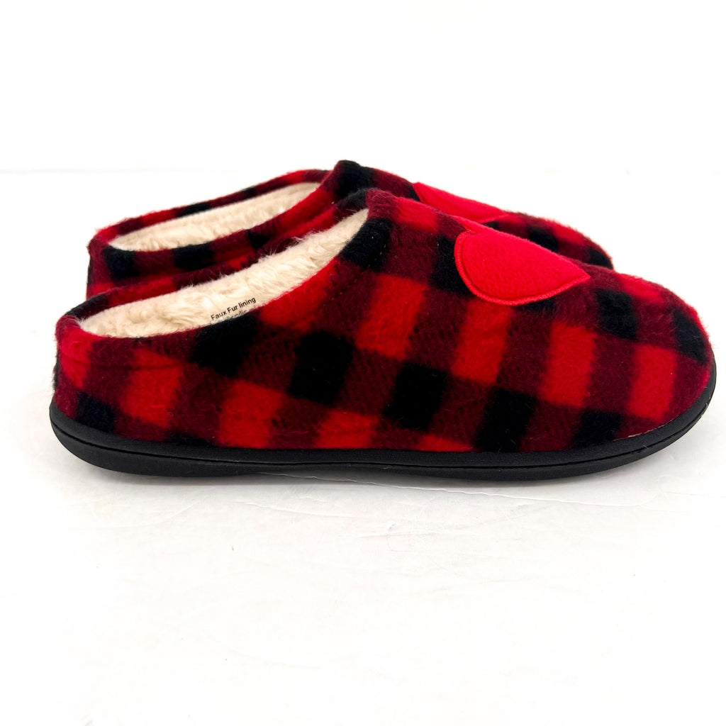 COLDWATER CREEK Women's Faux Fur Heart Slip On Clogs 10M Red Buffalo Plaid NIB