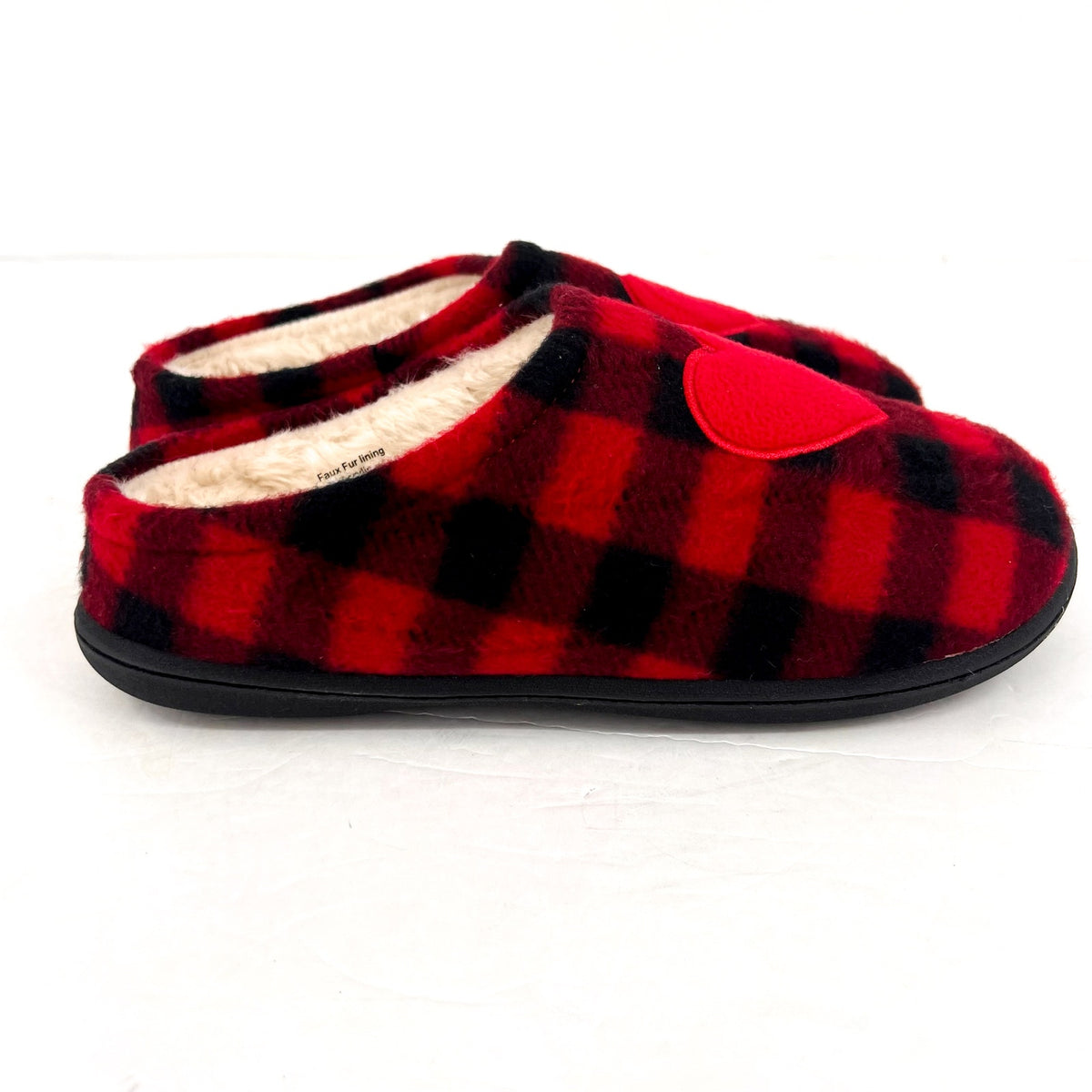 COLDWATER CREEK Women's Faux Fur Heart Slip On Clogs 10M Red Buffalo Plaid NIB