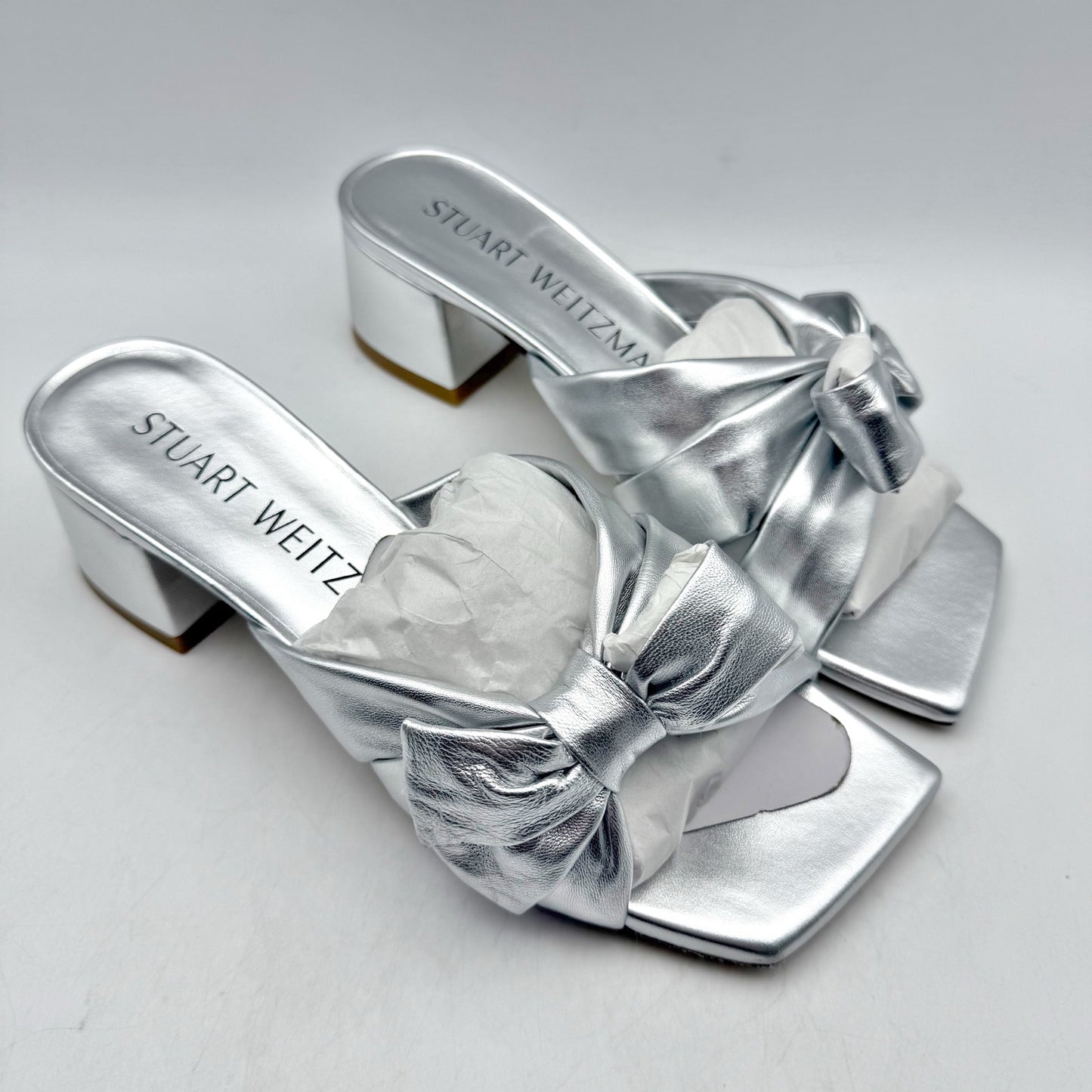 Stuart Weitzman Womens Sofia 45 Slide High Heels Size 6 Silver Leather Bow NIB
