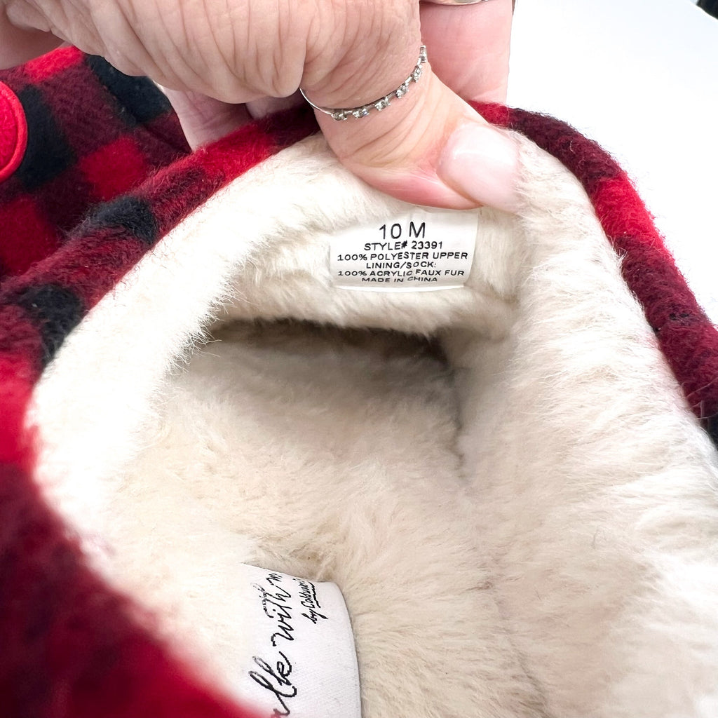 COLDWATER CREEK Women's Faux Fur Heart Slip On Clogs 10M Red Buffalo Plaid NIB