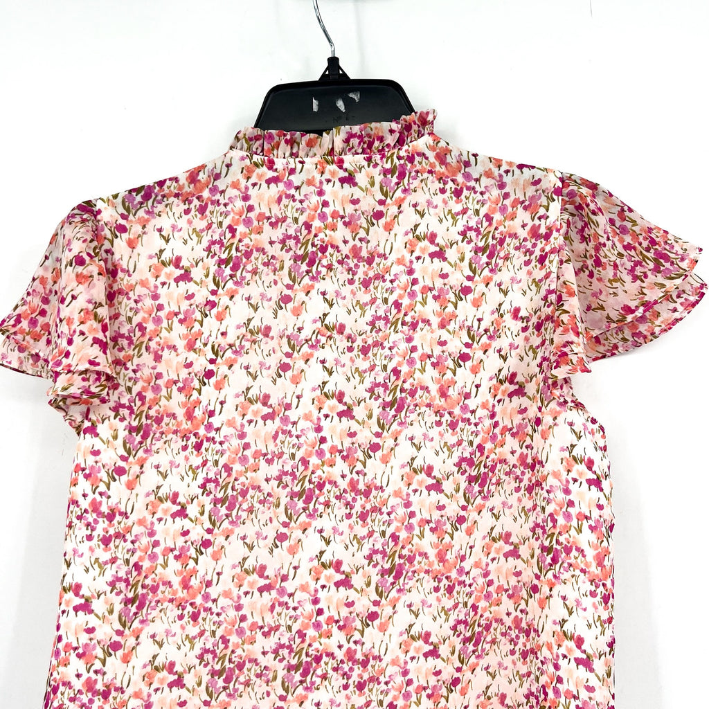 CECE Women's Ruffled Blouse XS Pink Floral Keyhole-Neck Flutter-Sleeve NWT