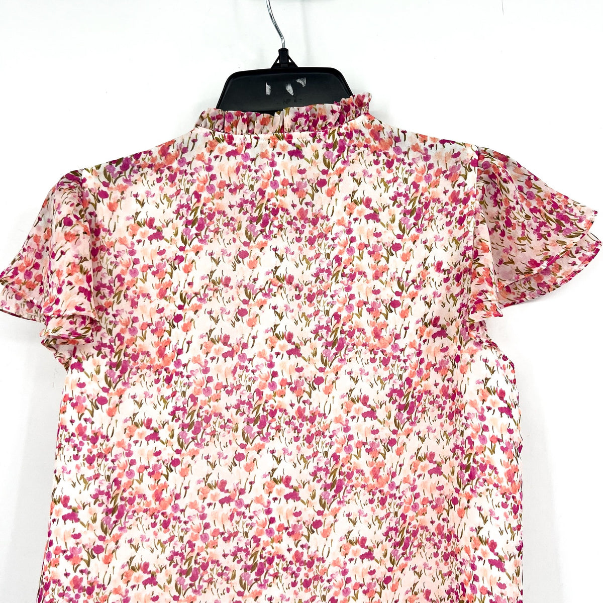 CECE Women's Ruffled Blouse XS Pink Floral Keyhole-Neck Flutter-Sleeve NWT