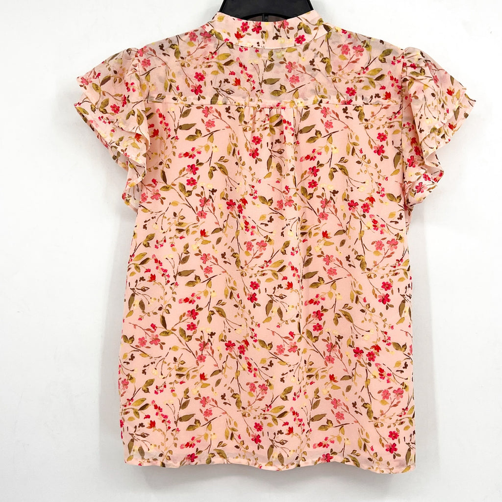 CECE Women's Placket Blouse Medium Pink Floral Double Flutter Short Sleeves NWT