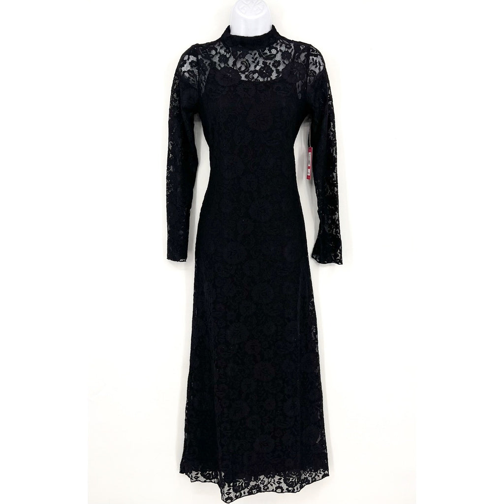 VINCE CAMUTO Women's Lace-Detail Maxi Dress XS Black Long-Sleeve Mock Neck NWT