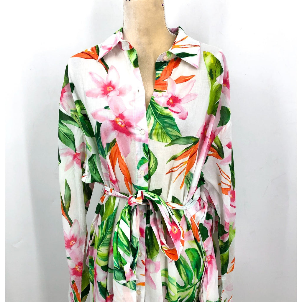 LAUREN RALPH LAUREN Tropical Floral Voile Shirtdress Large White Multi NWT