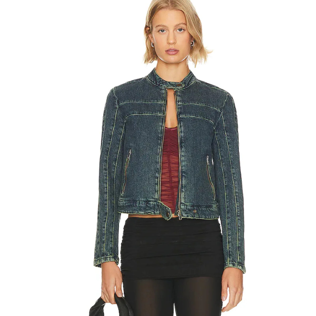 FREE PEOPLE x WE THE FREE Fast Lane Denim Moto Jacket Small Alchemy Blue NWT