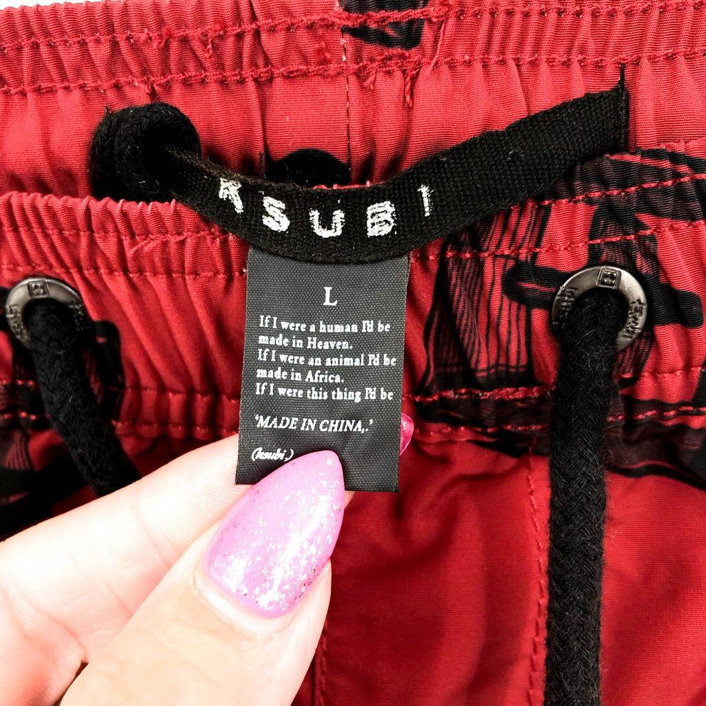 KSUBI Men's 3D Print Swim Board Shorts Large Red Black Drawstring NWT