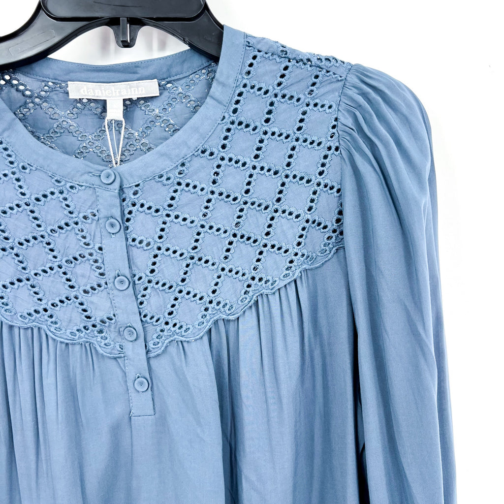 DANIEL RAINN Womens Eyelet Blouse Small Blue Mirage Puff Long Sleeve NWT