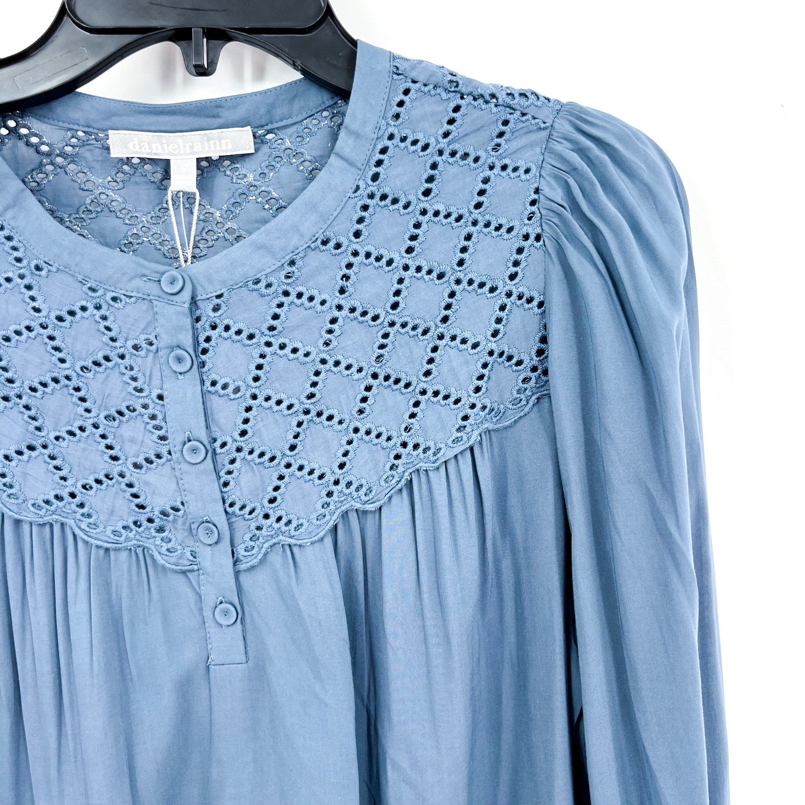 DANIEL RAINN Womens Eyelet Blouse Small Blue Mirage Puff Long Sleeve NWT