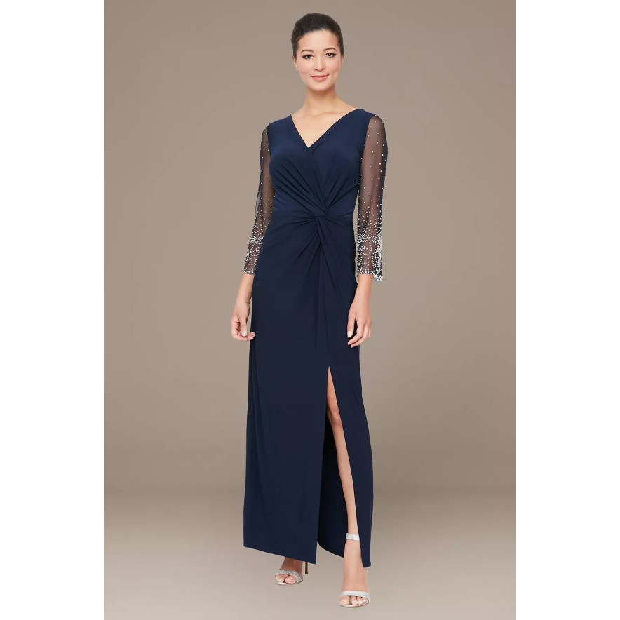 ALEX EVEININGS Embellished Illusion Dress Size 12 Dark Navy Blue Jersey NWT