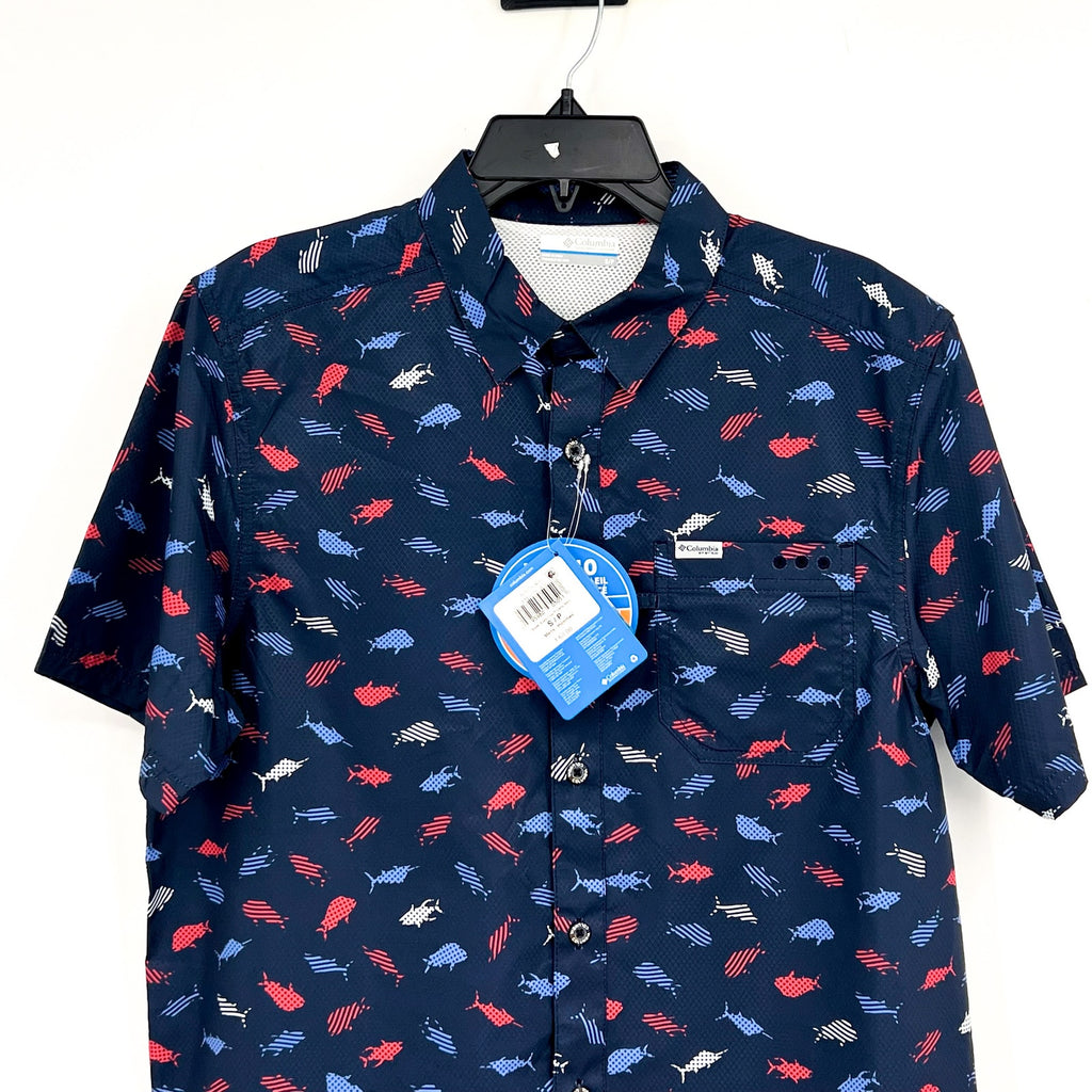 COLUMBIA Men's Super Slack Tide Camp Shirt Small Blue Norturnal Print UPF 40 NWT