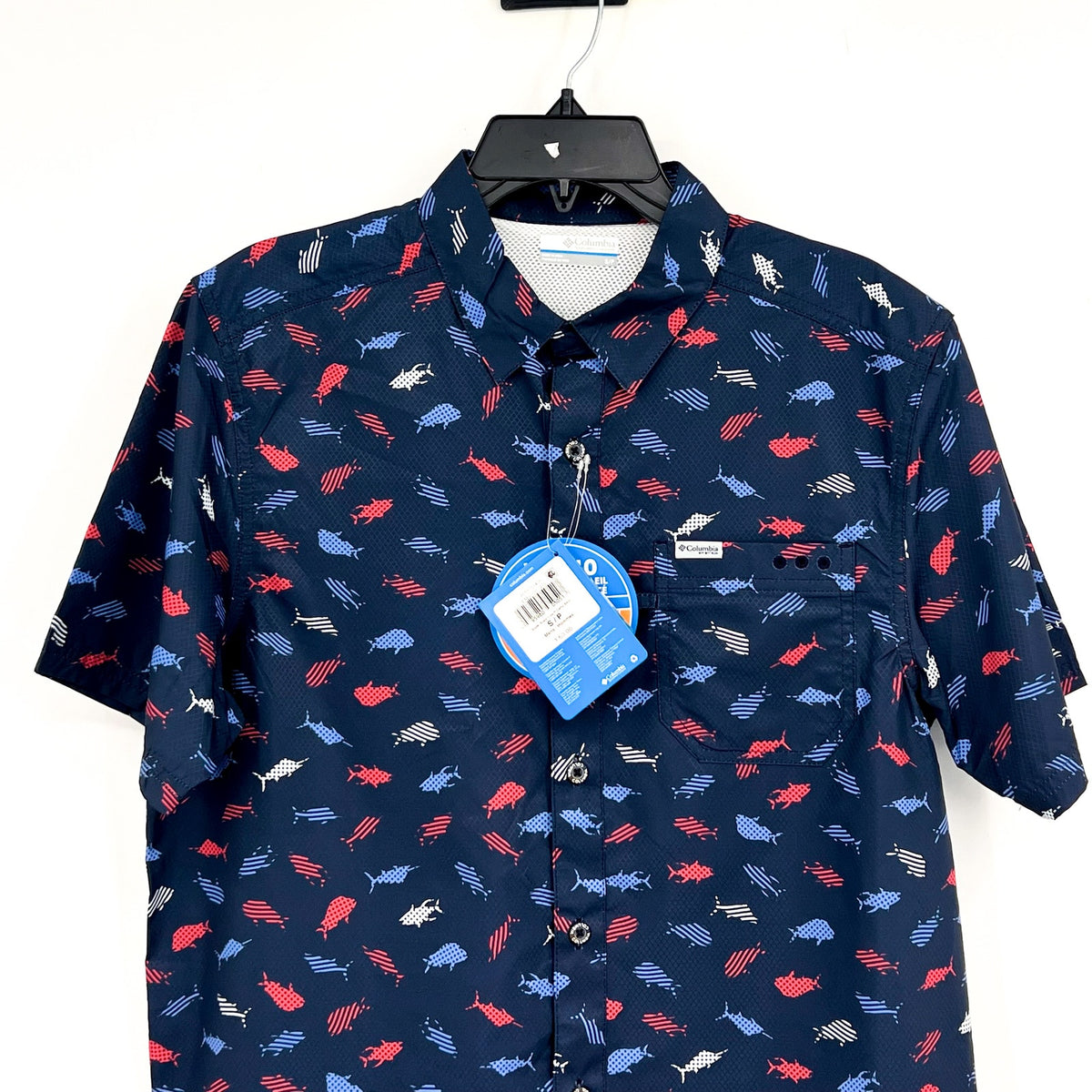 COLUMBIA Men's Super Slack Tide Camp Shirt Small Blue Norturnal Print UPF 40 NWT
