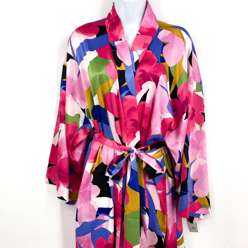 N NATORI Women's Bonita Stretch Silky Satin 49" Robe XL Pink Multi Floral NWT