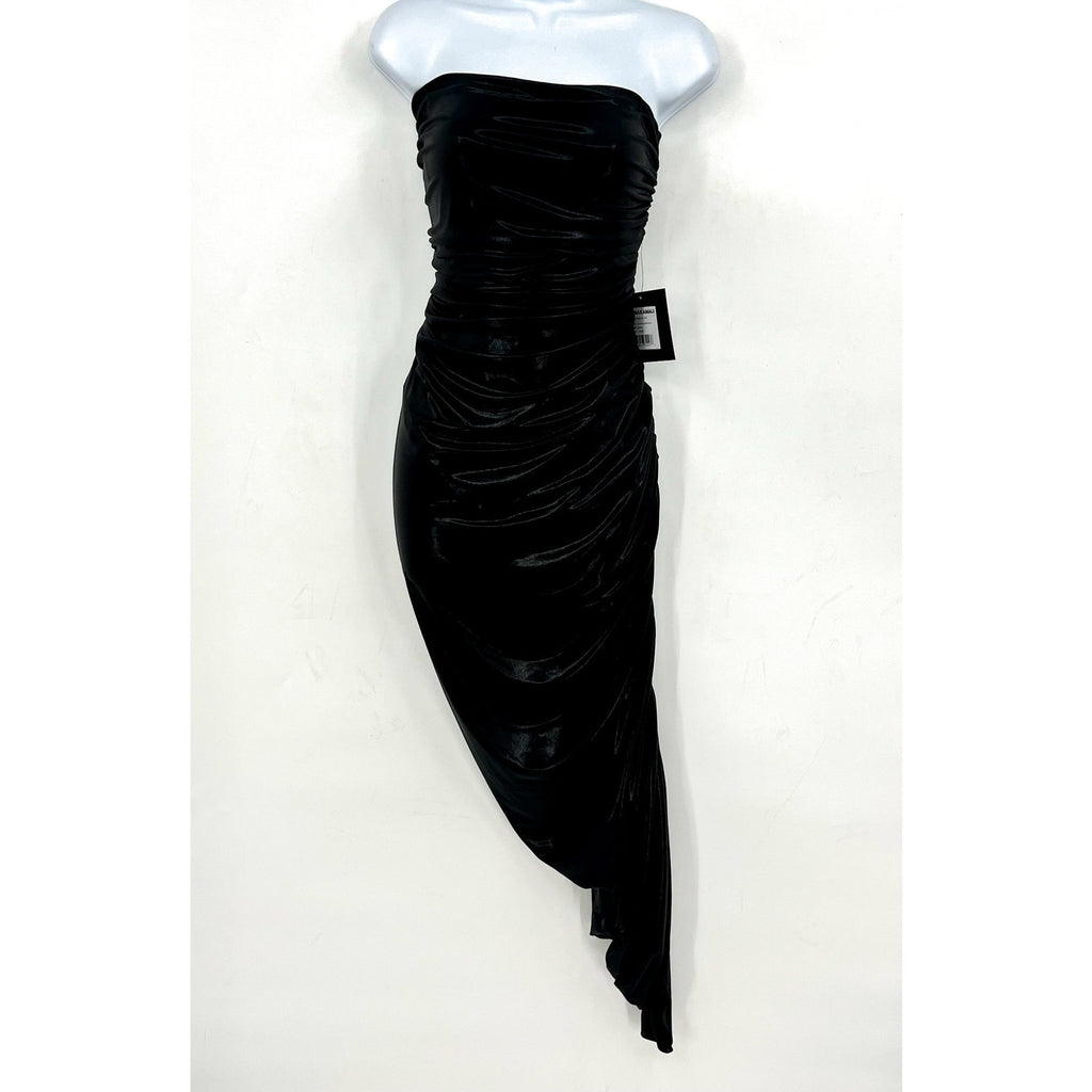 NORMA KAMALI Diana Strapless Midi Dress XS 34 Black Metallic Ruched Stretch NWT