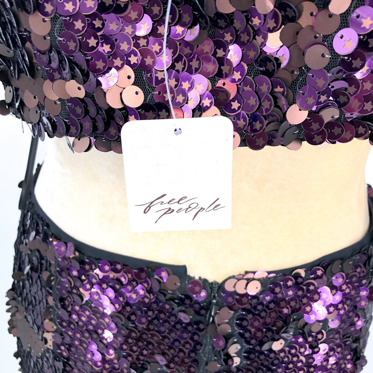 FREE PEOPLE Star Bright Sequin Set Size 10 Purple Maxi Skirt Crop Top NWT