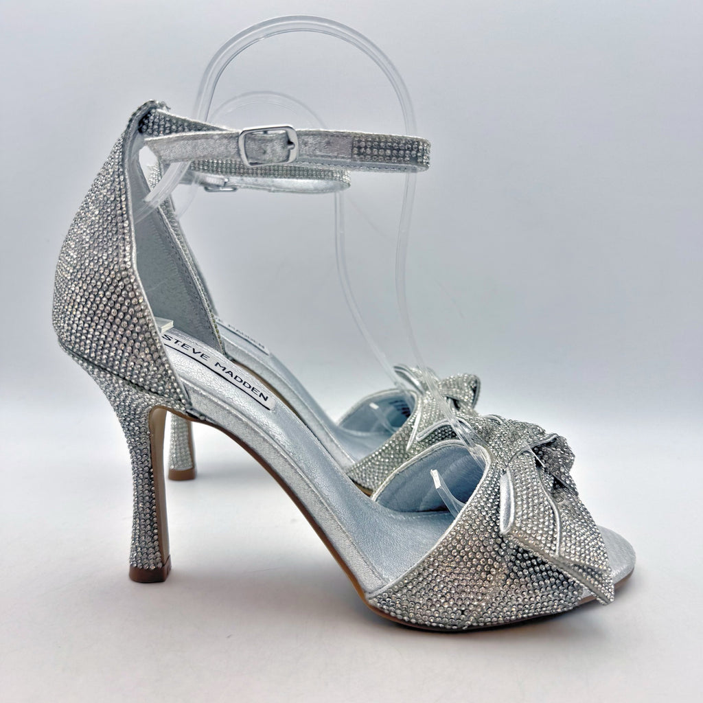 Steve Madden Womens Realm Heeled Sandals US 9 M Silver Rhinestone NWOB