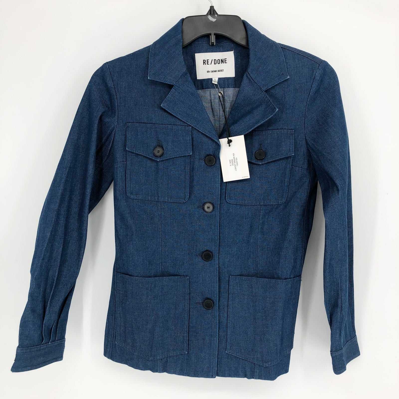 RE/DONE Women's 60's Safari Jacket Small Blue Indigo Cotton Buttons Pockets NWT